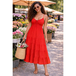 Ann Taylor Loft Orange Coral Tiered Cotton Cami A-Line Midi Dress Size 4